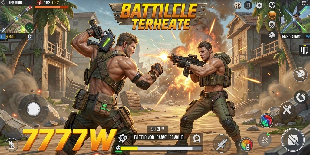 Screenshot gameplay 7777W menunjukkan aksi Battle Royale yang seru.