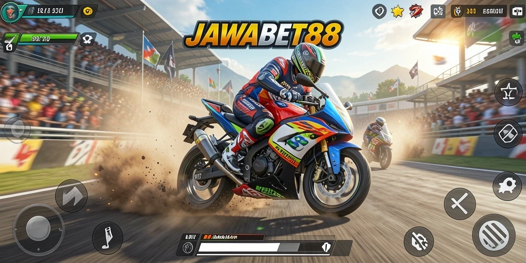 Tampilan gameplay mendebarkan di JAWABET88 saat balapan motor.