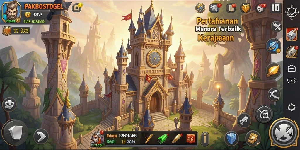 Screenshot gameplay PAKBOSTOGEL menampilkan menara beraksi menghentikan serangan musuh.